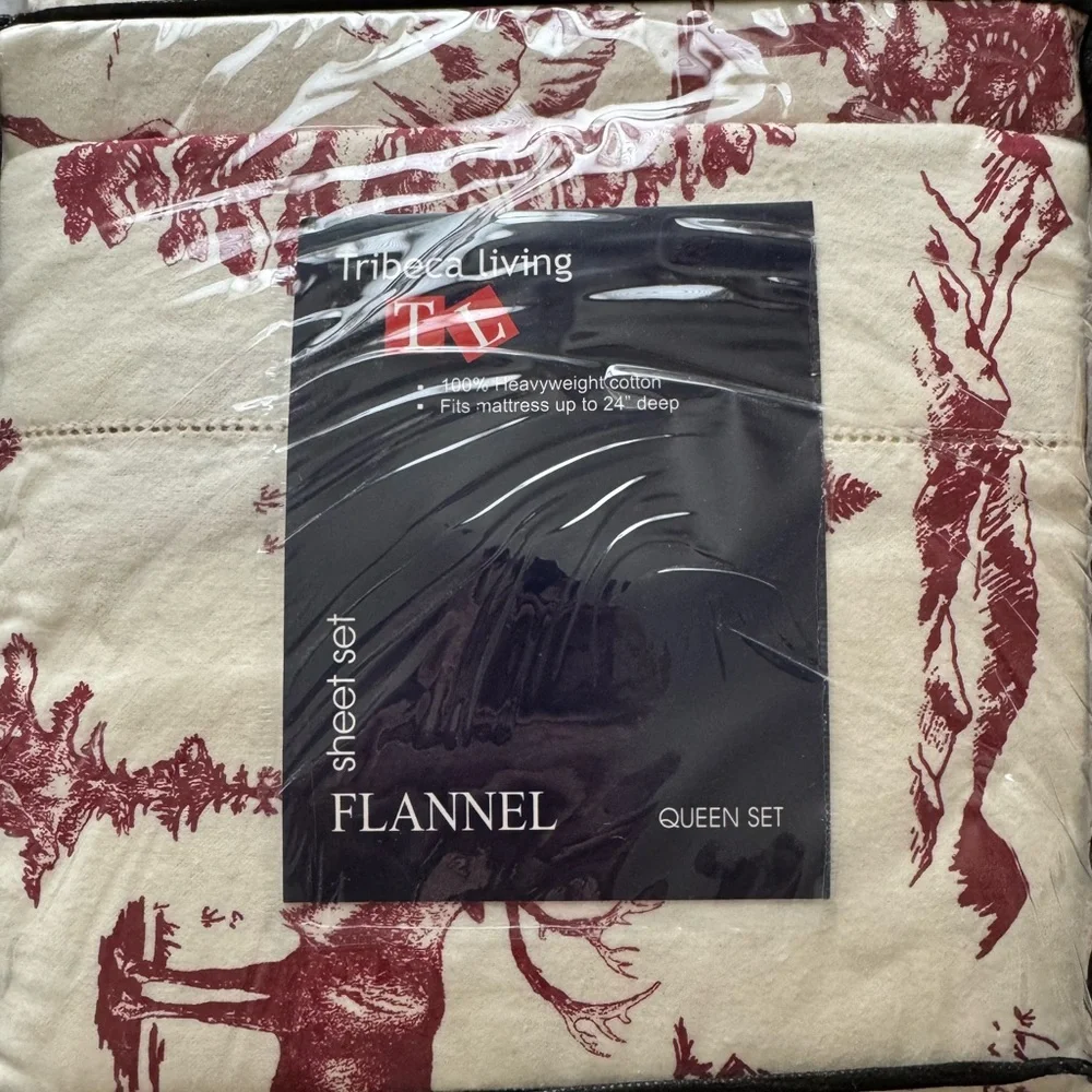 Queen Woodland Deer Print Sheet Set in Cream and Maroon, extra deep - Picture 2 of 3